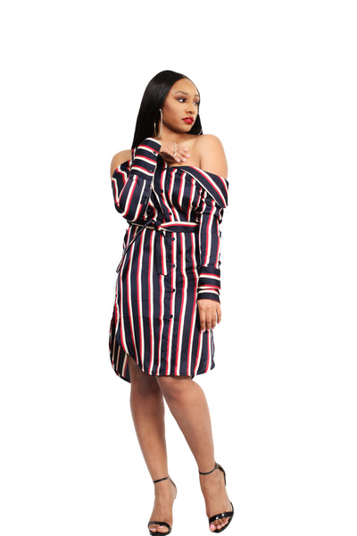 Asymmetric Shirt Dress in Varsity Stripe Satin - BySonyaMarie.com