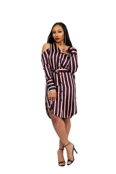 Asymmetric Shirt Dress in Varsity Stripe Satin - BySonyaMarie.com