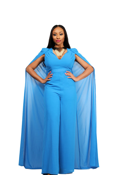 Caped Jumpsuit In Cerulean Blue Chiffon - BySonyaMarie.com