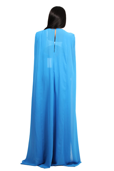 Caped Jumpsuit In Cerulean Blue Chiffon - BySonyaMarie.com