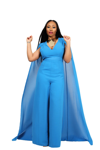 Caped Jumpsuit In Cerulean Blue Chiffon - BySonyaMarie.com