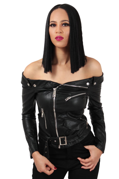 Off Shoulder Belted Moto Jacket - BySonyaMarie.com