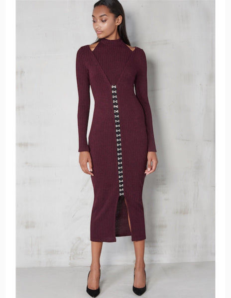 Rib Knit High Neck Hook & Eye Detail Midi Dress - BySonyaMarie.com