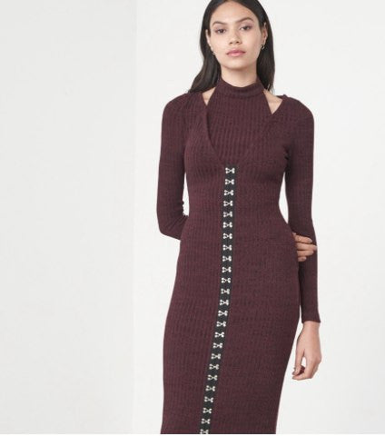 Rib Knit High Neck Hook & Eye Detail Midi Dress - BySonyaMarie.com