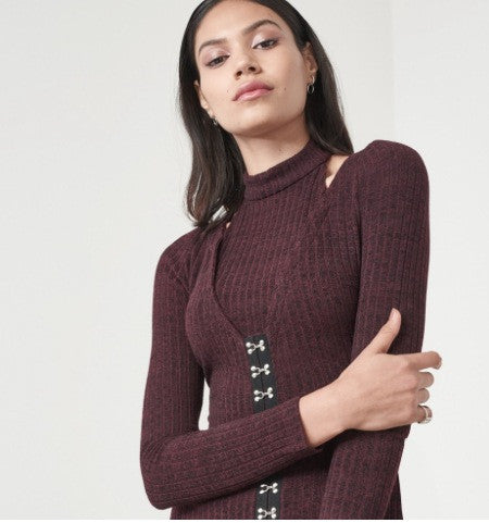 Rib Knit High Neck Hook & Eye Detail Midi Dress - BySonyaMarie.com
