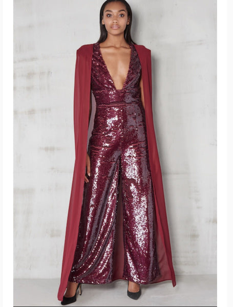 Wet Look Sequin Chiffon Cape Wide Leg Jumpsuit - BySonyaMarie.com