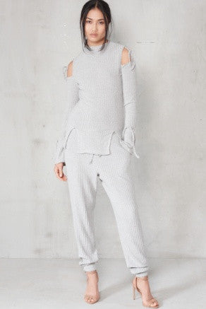 Lavish Alice Grey Rib Cold Shoulder Tie Top - BySonyaMarie.com