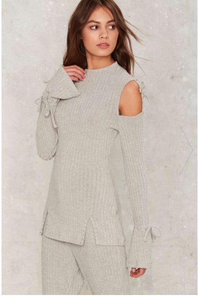 Lavish Alice Grey Rib Cold Shoulder Tie Top - BySonyaMarie.com