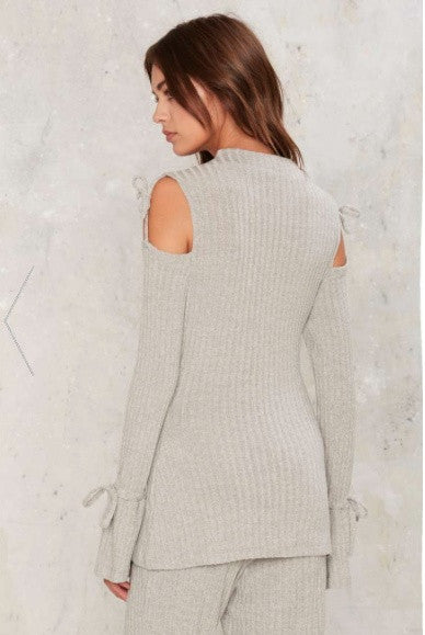 Lavish Alice Grey Rib Cold Shoulder Tie Top - BySonyaMarie.com