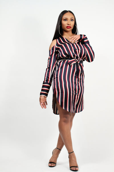 Asymmetric Shirt Dress in Varsity Stripe Satin - BySonyaMarie.com