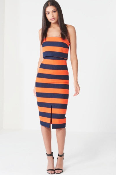 Orange & Navy Stripe Print Bandeau Midi Dress - BySonyaMarie.com