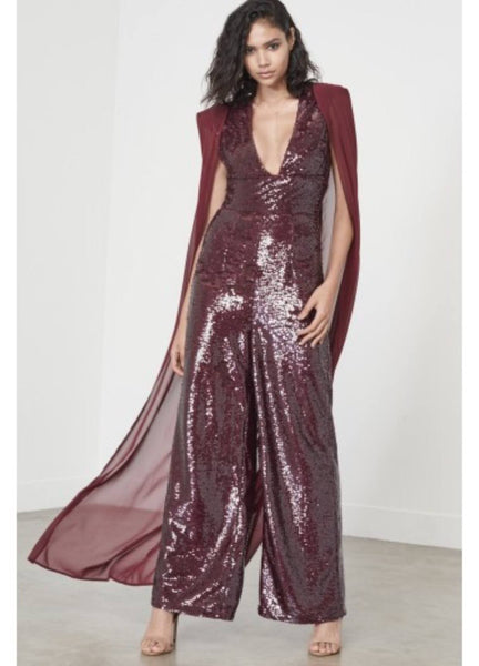 Wet Look Sequin Chiffon Cape Wide Leg Jumpsuit - BySonyaMarie.com